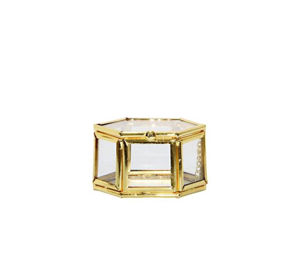 Glass Box with Lid Hexagon Gold