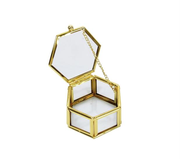 Glass Box with Lid Hexagon Gold