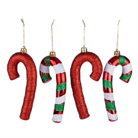 Christmas Ornament 4-Piece Cane Red Glitter 14 cm