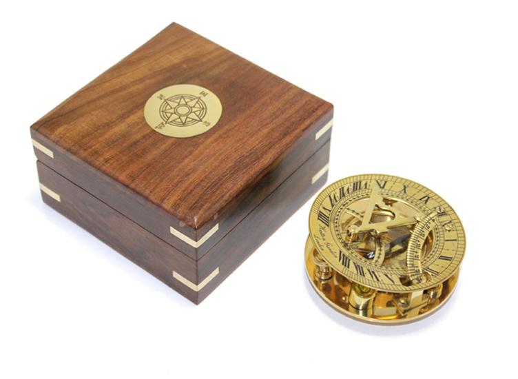 Brass Sundial and Compass Model 2213 in Wooden Box