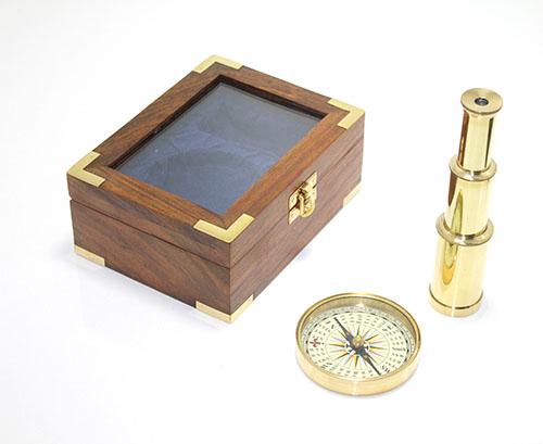 Wooden Boxed Binoculars and Compass Set 3928