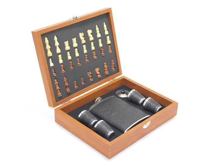 Stainless Steel Water Bottle Set in Wooden Box with Leather Cover ALK51