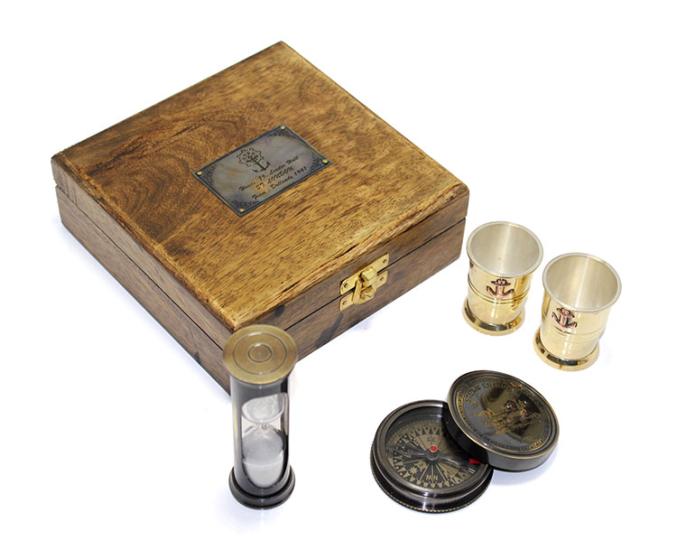 Wooden Boxed Hourglass with Compass and Shot Glass Set NI3943M